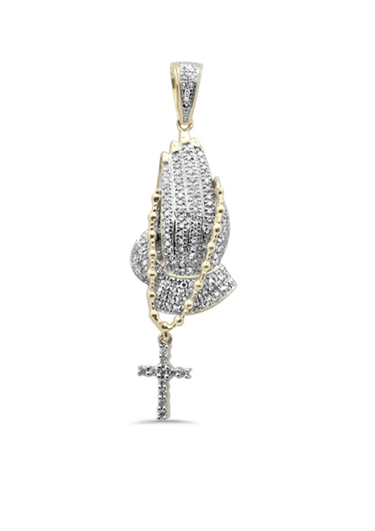 .33ct G SI 10K Yellow Gold Diamond Iced Out Hands Praying Rosary Charm Pendant